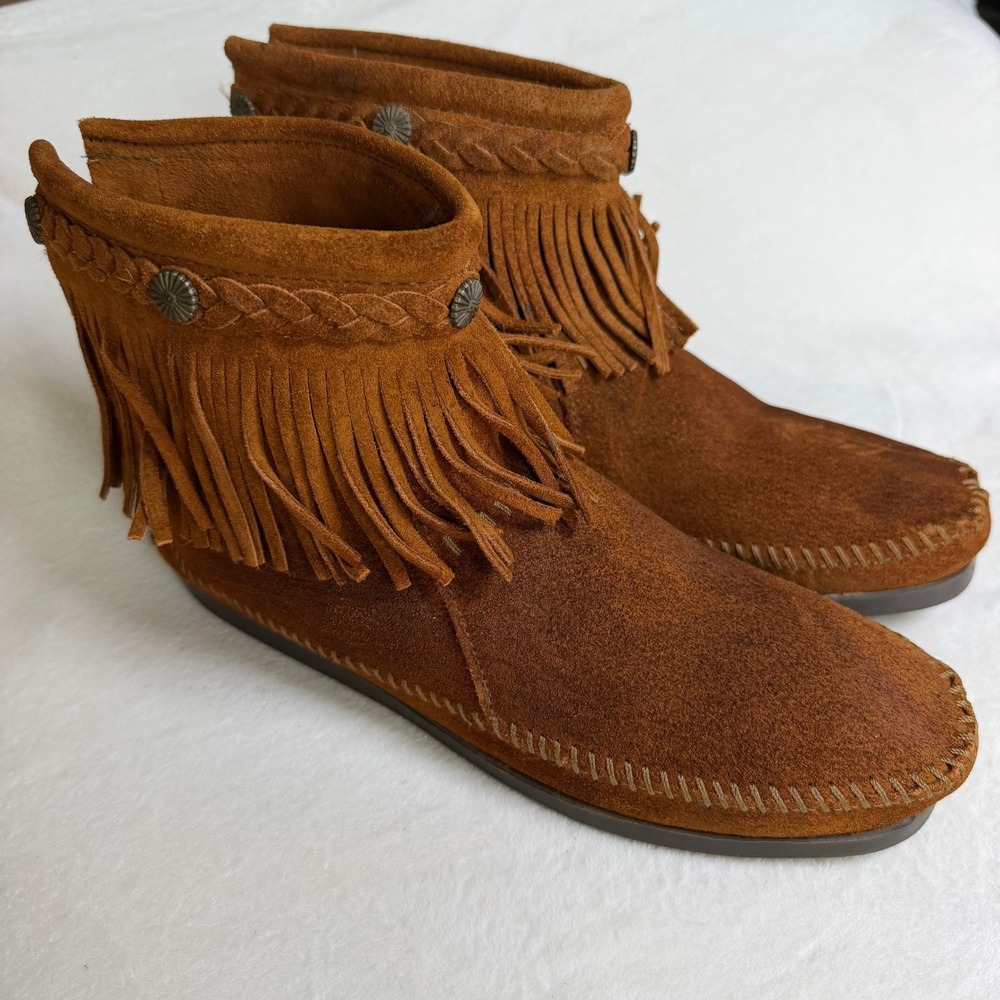 Minnetonka Back Zip Fringe Bootie Women 9 Brown Suede Concho Moccasin Ankle